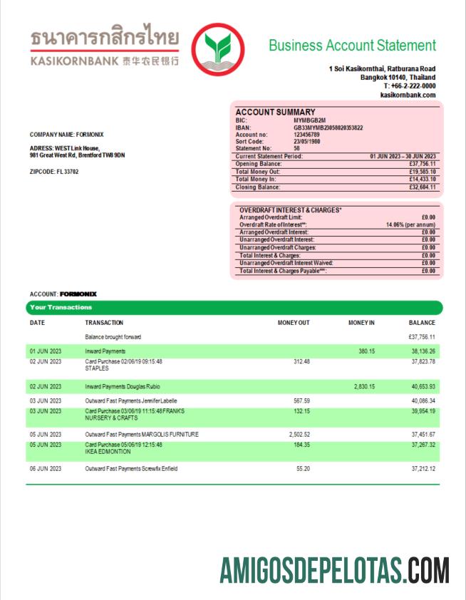 Realista Kasikornbank Enterprise Statement Modelo Word e PDF